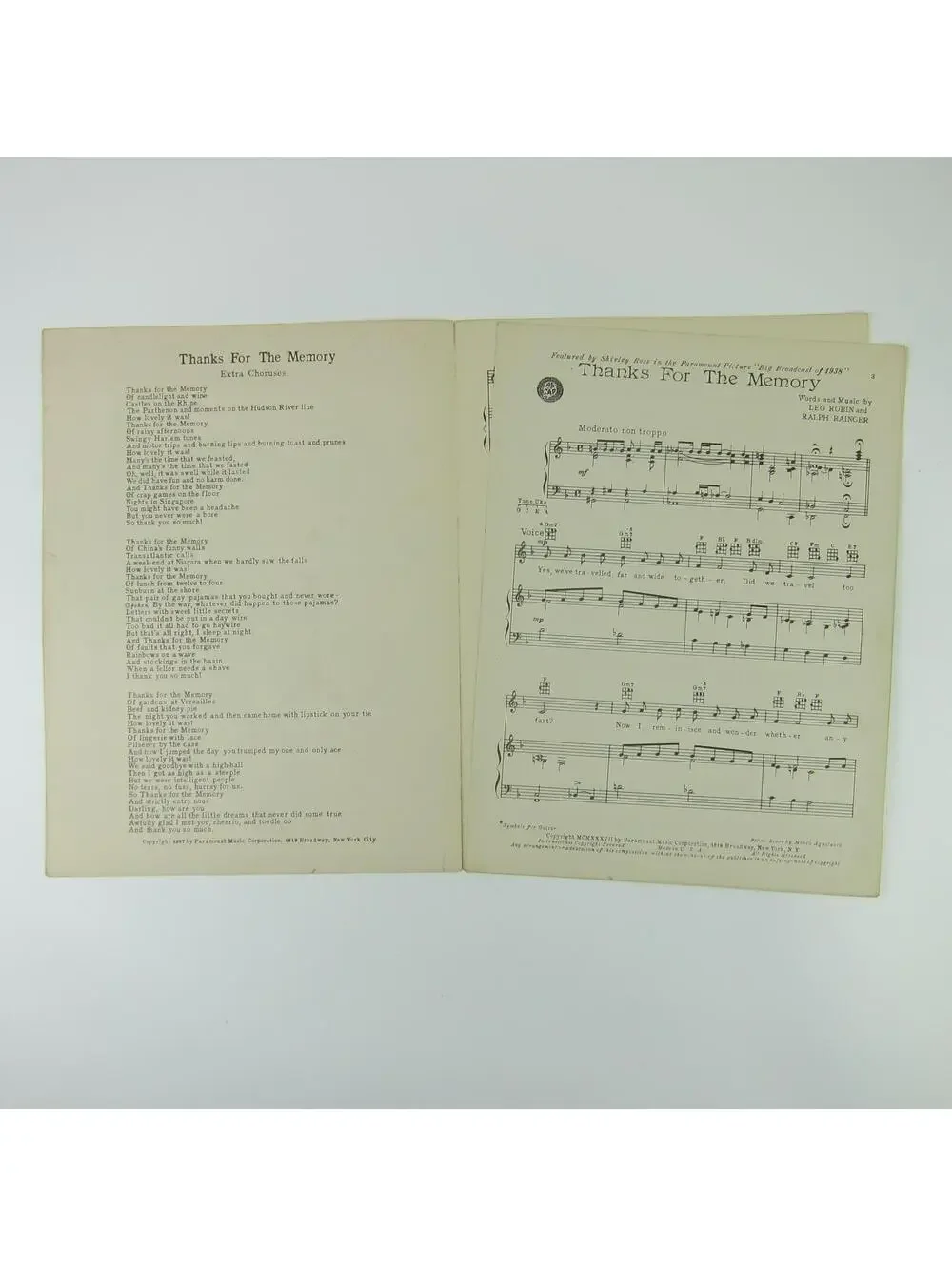 Sheet Music Thanks For The Memory The Big Broadcast of 1938 Shirley Ross Vintage